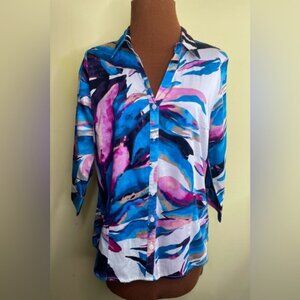 Dana Buchman Button Front Blue Patterned 3/4 Sleeve Cotton Blouse Medium